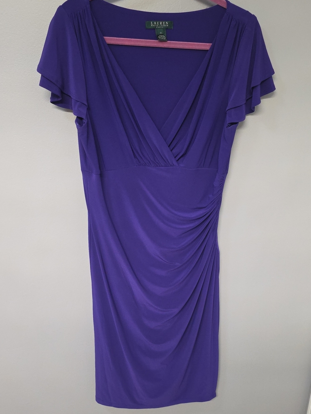 Lauren Ralph Lauren Purple Flutter-Sleeve Ruched Midi Dress